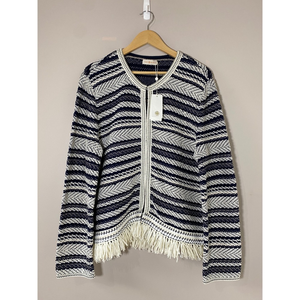 Tory Burch Payton Fringe Cardigan Navy Blue Ivory Stripe Blazer NWT Large $598
